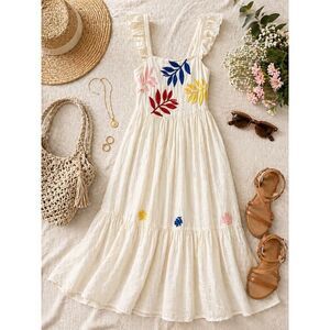 Carolina K Nika Linen Embroidered Floral Ruffle Tiered Dress Small Flawed